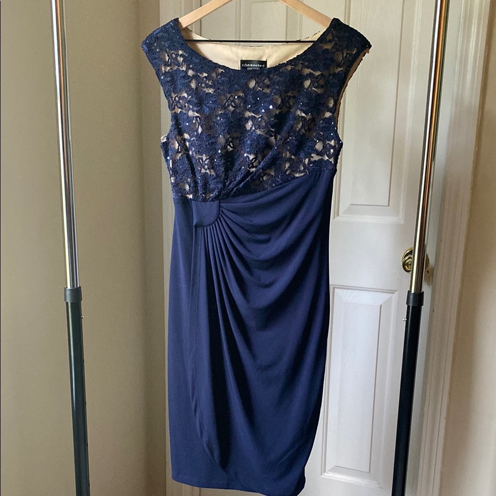 Connected Apparel Elegant Navy Lace Dress